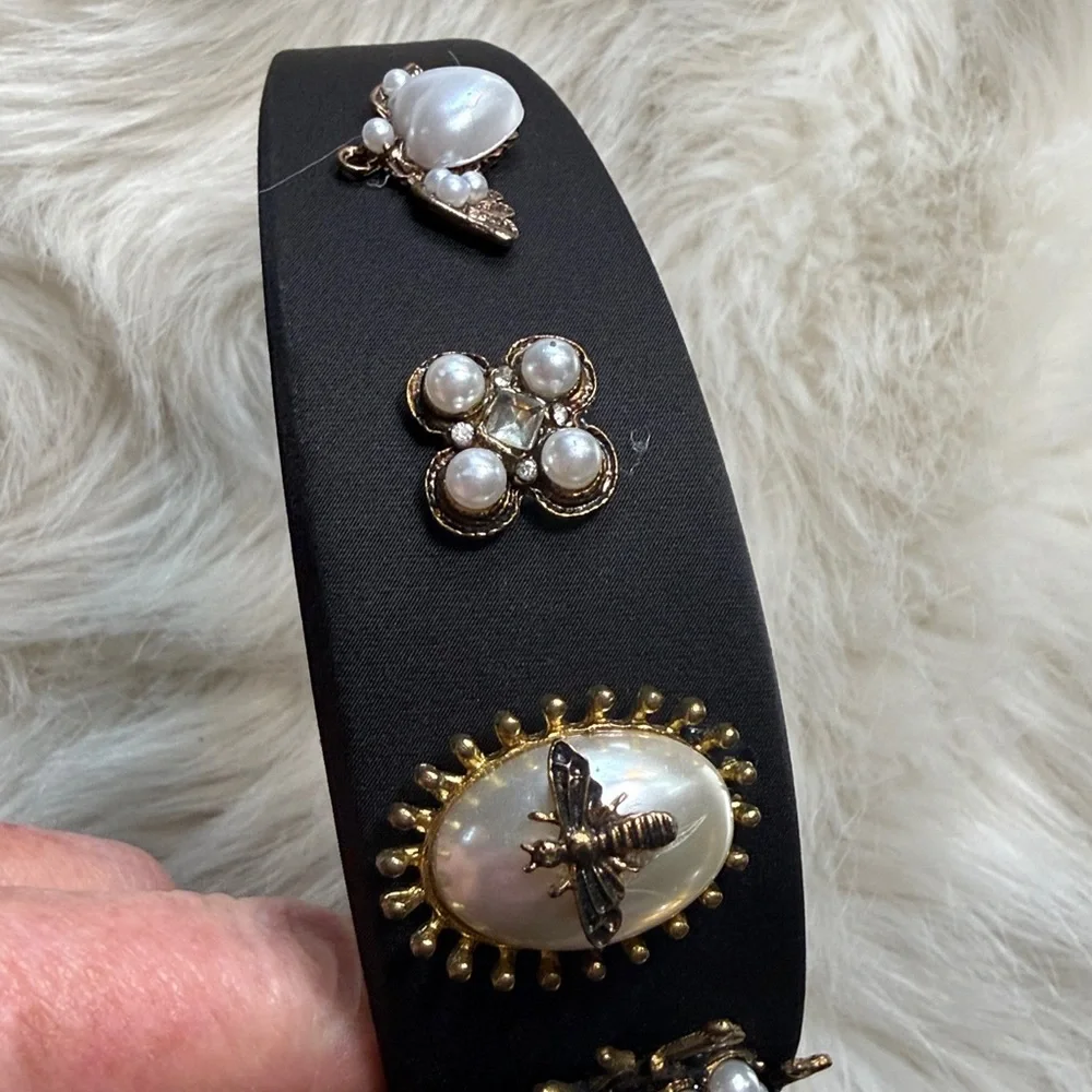 Bee pearl Headband black baroque inspired faux‎ pearls gold tone Victorian *flaw
